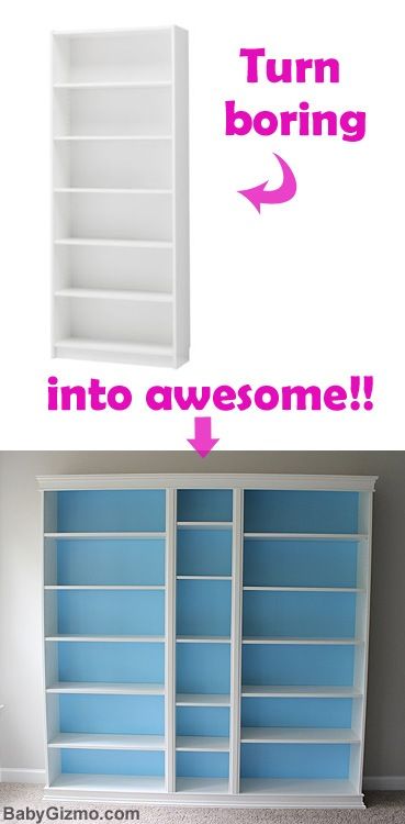 the before and after photo shows how to paint bookshelves