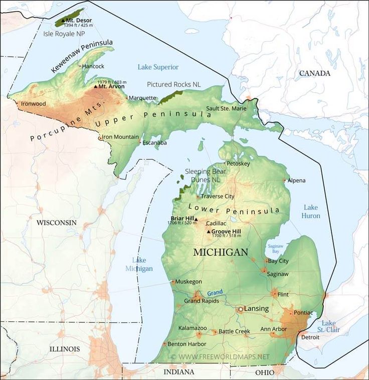 a map of michigan with the major cities and rivers labeled in red, green, yellow, and brown