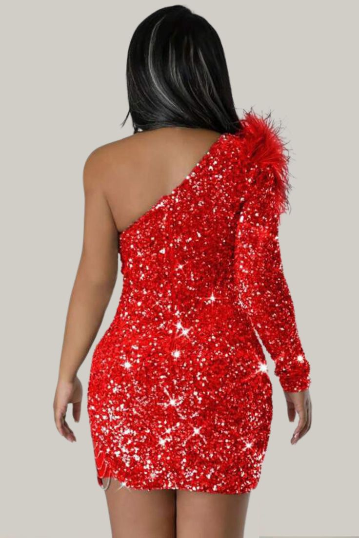 Step into the spotlight with our Divine Embellished One-Shoulder Sequin Dress in ravishing red. Perfect for party glamour, this bodycon dress is adorned with contrast sequins, delivering a luxurious sparkle to every step. The asymmetrical neck and leg-of-mutton sleeves add a touch of drama, while ruched details and a seductive split showcase your style prowess. The high-stretch sequin fabric ensures a snug yet comfortable fit, embracing your natural waistline and tapering into a chic pencil hem. Divine Goddess, Leg Of Mutton Sleeve, Sequin Fabric, Sequin Dress, Sequin, One Shoulder, Comfort Fit, Split, Bodycon Dress