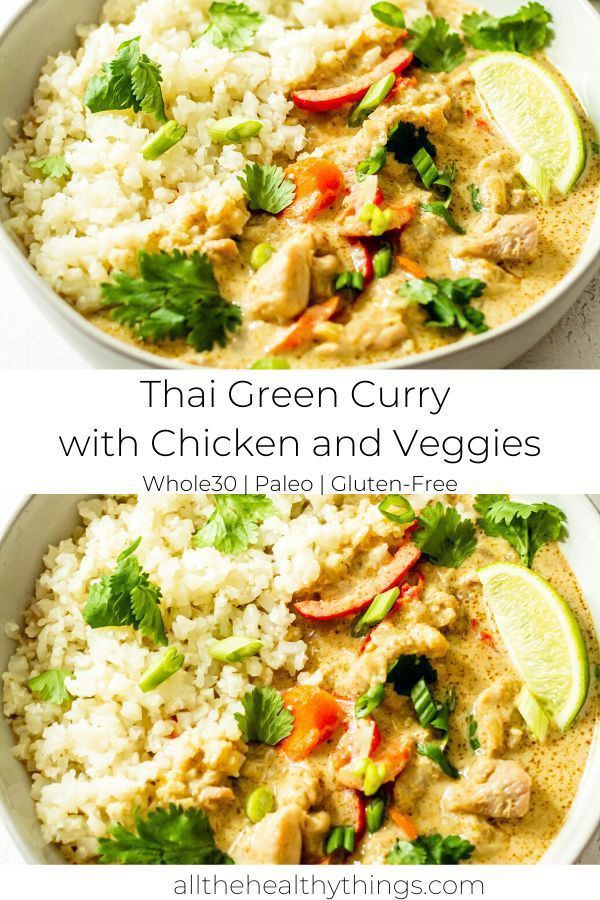 thai chicken and veggies in a white bowl with limes, cilantro, red peppers, and rice