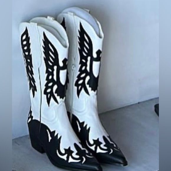 Black And White Cowboy Boots Perfect For Rodeo Black And White Cowboy Boots, Festival Boots, White Cowboy Boots, Silver Boots, Black Boots Women, Boots Shoes, Thigh High Boots, Boots Black, Over The Knee Boots