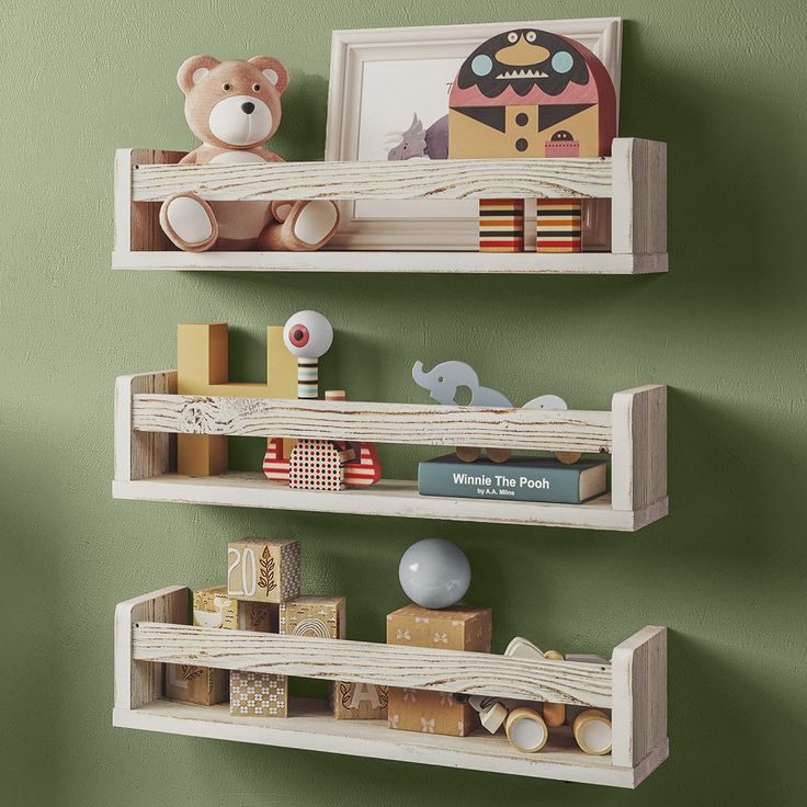 two wooden shelves with teddy bears and toys on them