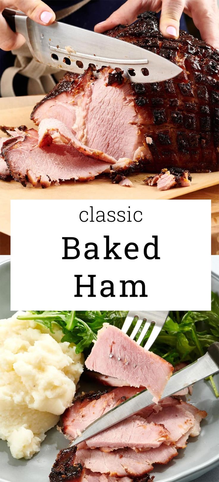 the ham has been sliced and is ready to be served with mashed potato salad