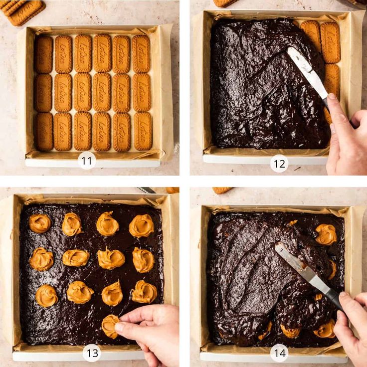 four pictures showing how to make chocolate brownies in a box with cookie cookies on top