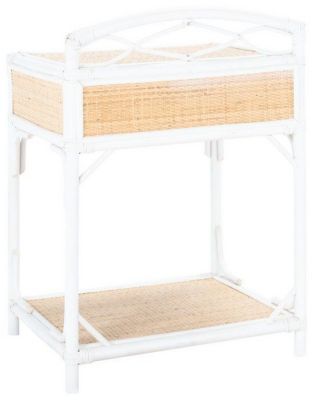 a small white shelf with wicker baskets on the top and bottom shelves, against a white background