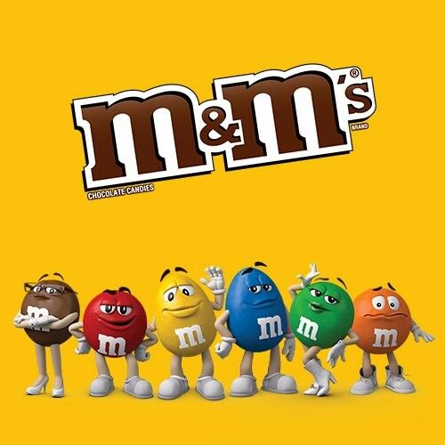 the m & m's logo is shown in front of an assortment of candy