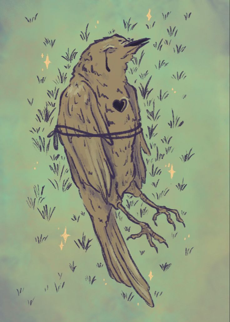 a drawing of a bird sitting on top of a tree branch