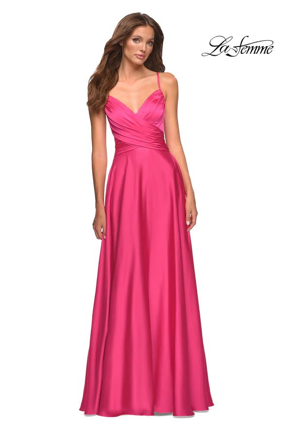 La Femme 30616 Dress | La Femme Dresses | Formal Approach Satin A-line Gown For Gala, Fitted Satin Ball Gown Dress, Fitted Satin Ball Gown, Formal A-line Dress With Satin Finish, A-line Evening Dress With Sweep Train For Homecoming, A-line Satin Gown For Homecoming, Silk Ball Gown For Prom Season, Formal Pink A-line Dress, Formal Silk Ball Gown For Prom Season