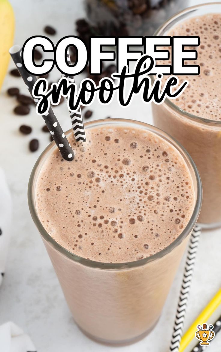 two glasses filled with coffee smoothie on top of a table