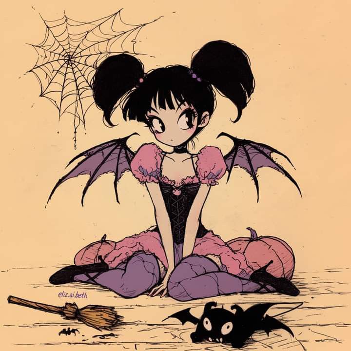 a cartoon character sitting on the ground next to a bat and spider web net with her eyes closed