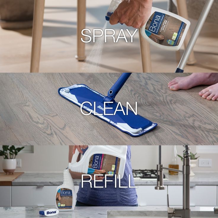 a person using a spray mop to clean a kitchen counter with the help of a cleaner