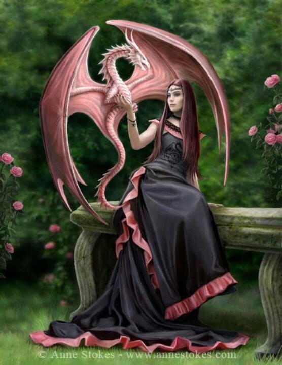 a woman sitting on a bench next to a pink dragon