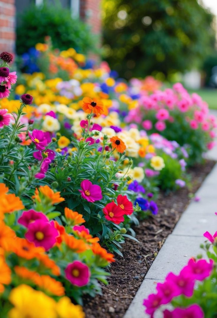 colorful flowers line the sidewalk in front of a brick building