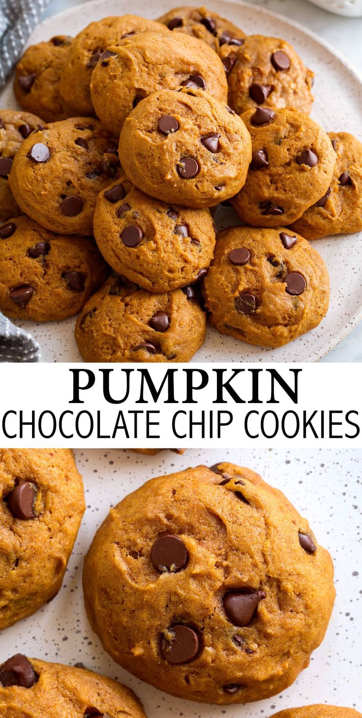 pumpkin chocolate chip cookies on a white plate with the title in the top right corner