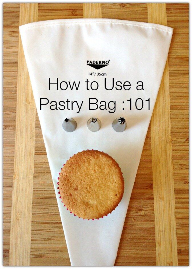 a piece of cake sitting on top of a wooden table next to a white banner that says how to use a pastry bag 101