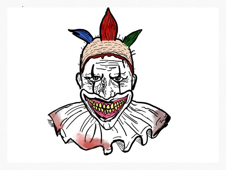 a drawing of a clown wearing a hat with feathers on it's head and smiling