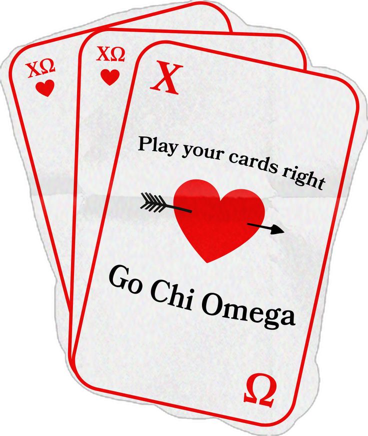 three playing cards with the words go chi omega written on each card in red