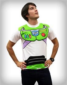 a man standing with his hands on his hips wearing a buzz lightyear t - shirt