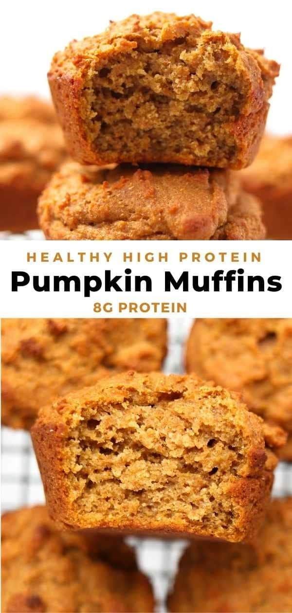 pumpkin muffins stacked on top of each other with the words healthy high protein pumpkin muffins