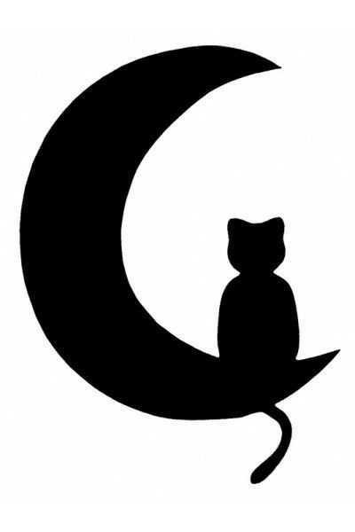 a black and white cat sitting on top of a crescent with the moon in the background