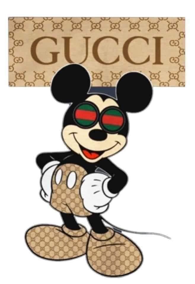 a mickey mouse with sunglasses and gucci sign above it's head, in front of a white background