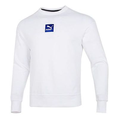 PUMA EMB Logo Sweatshirt 'White' 536773-02 White Crew Sweatshirt With Ribbed Cuffs, Sporty White Sweatshirt With Ribbed Cuffs, White Sporty Sweatshirt With Ribbed Cuffs, White Long Sleeve Casual Sweatshirt, Classic White Crew Neck Sweatshirt, White Cotton T-shirt With Ribbed Cuffs, White Cotton Crew Neck Sweatshirt, White Sports T-shirt With Ribbed Cuffs, White Crew Top For Streetwear