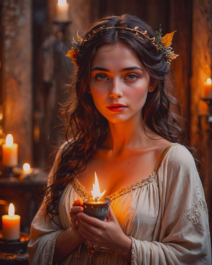 a woman holding a lit candle in her hands and wearing a crown on her head