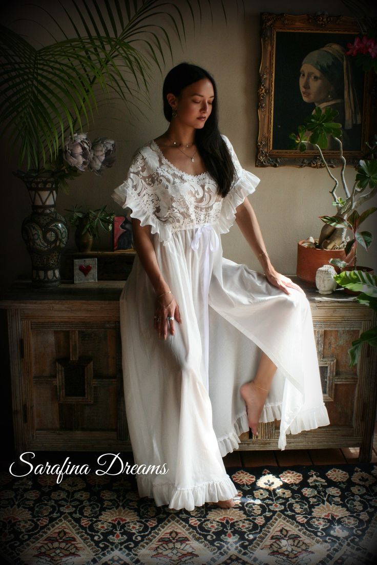 White Ruffled Dress For Home, Lace Trim Sleep Gown, Flowy Nightgown For Wedding Night, Flowy White Nightgown For Loungewear, Flowy Lace Trim Dress For Loungewear, Flowy Lounge Dress With Lace Trim, Cotton Lace Trim Sleepwear For Wedding Night, Lace Gown For Daywear, White Bohemian Nightgown For Loungewear