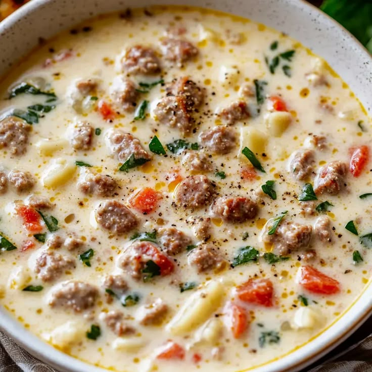 a bowl of soup with meatballs and cheese in it on a table next to bread