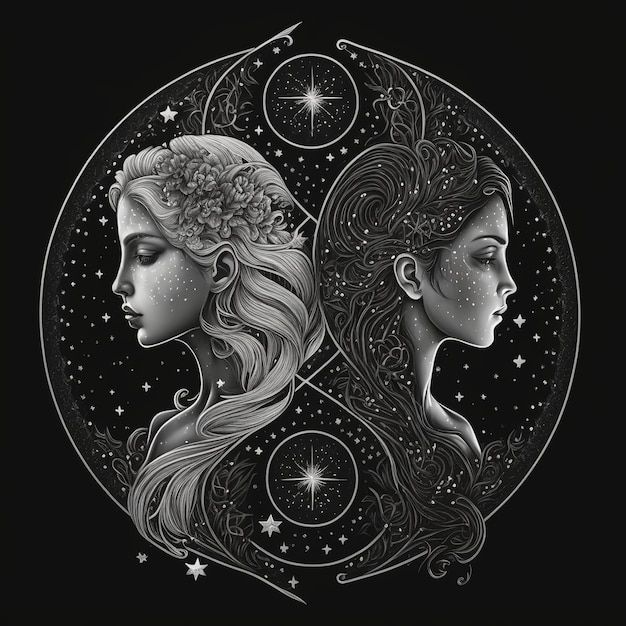 two women with long hair and stars in the background