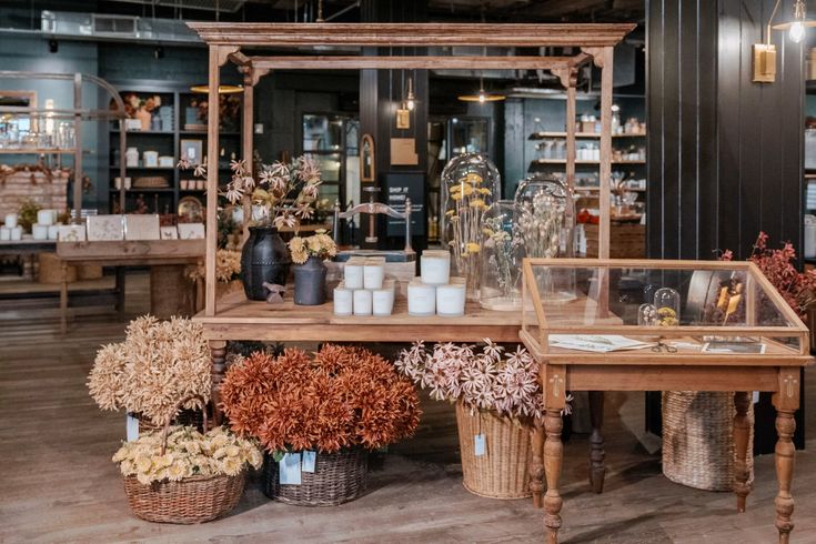 a room filled with lots of plants and vases on top of wooden tables next to each other