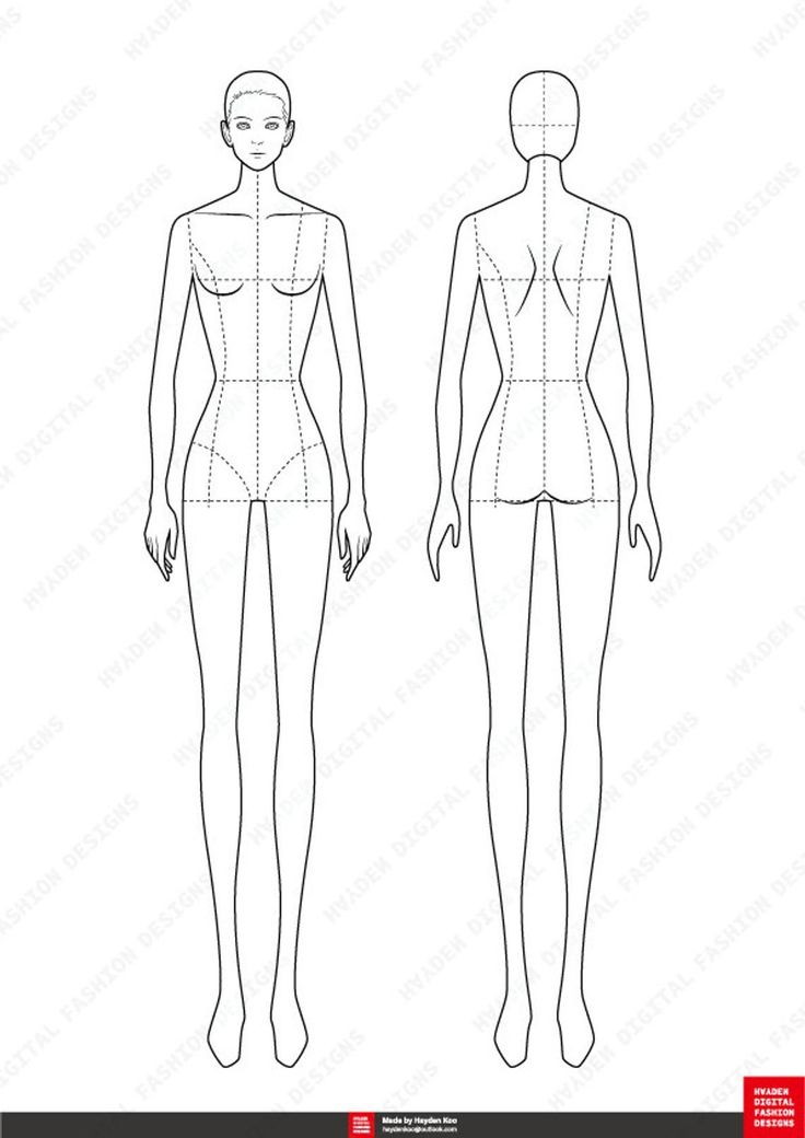 a female mannequin with measurements for the body and head, from front to back