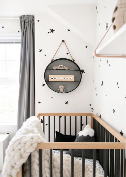 a black and white nursery with stars on the wall