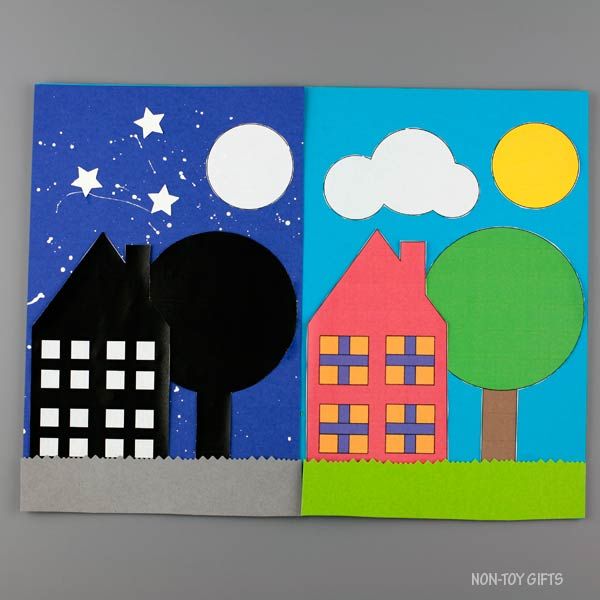 two pieces of paper with houses and trees on them