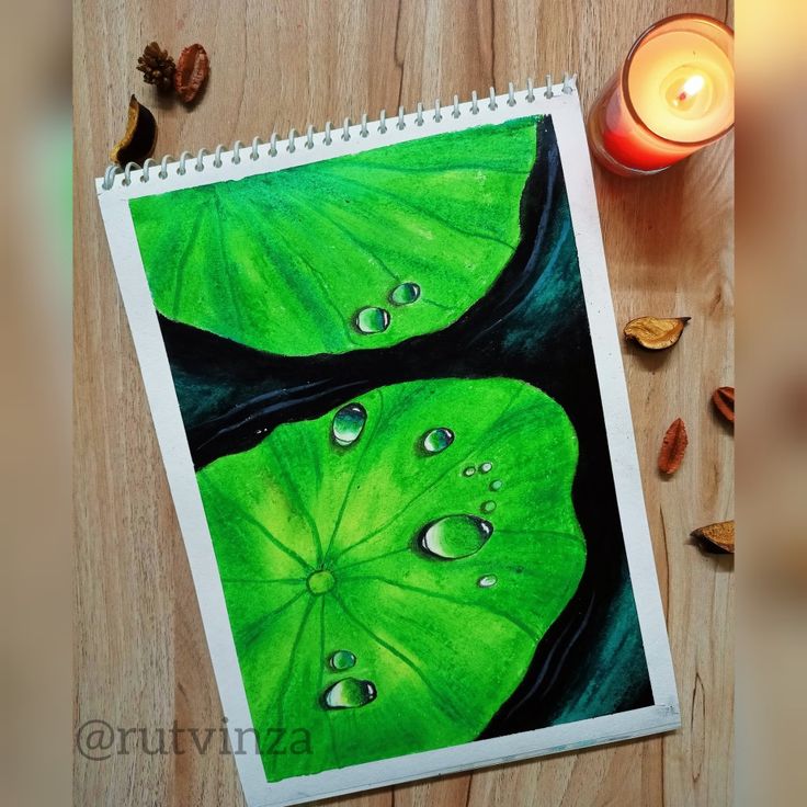 a green leaf with water drops on it next to a candle