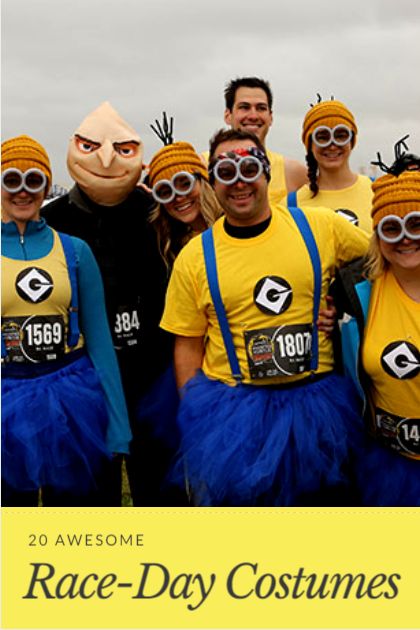 a group of people wearing costumes with large glasses on their faces and the words race - day costumes written below them