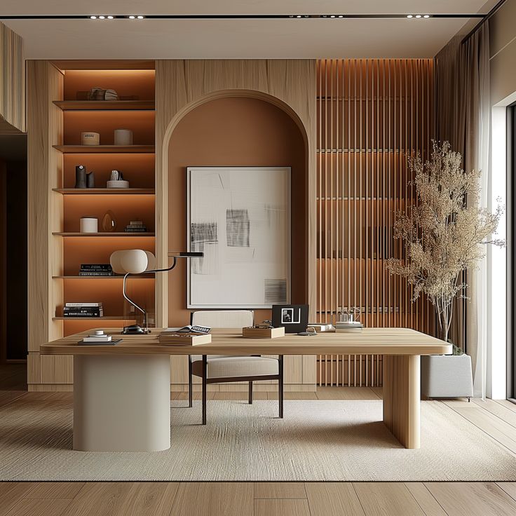 an office with wood paneling and shelves on the wall, along with a large desk