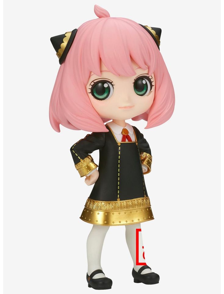 a doll with pink hair wearing a black dress and gold trimmings, standing in front of a white background