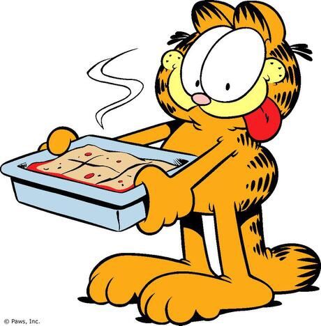 garfield the cat holding a box with food in it