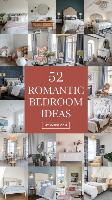 the cover of 52 romantic bedroom ideas is shown in many different styles and colors, including blue