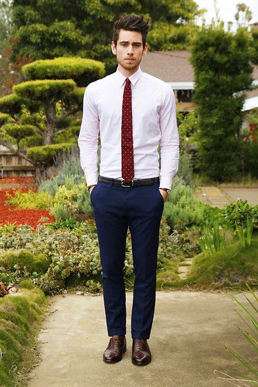 Crimson Red Polka dot skinny tie. Blue pants, Brown Leather Shoes High School Graduation Outfit Ideas Men, Edward Honaker, Sunday Attire, Interview Outfit Men, Shirt And Tie Combinations, Job Interview Outfit, Interview Dress, Angry Child, Grooms Men