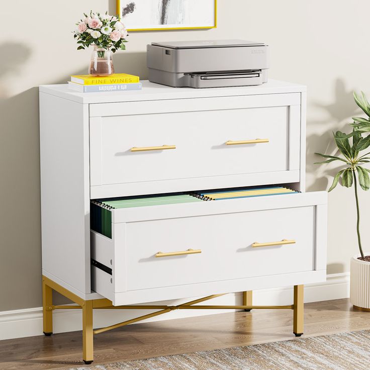 a white dresser with two drawers and a printer on it's top, next to a potted plant