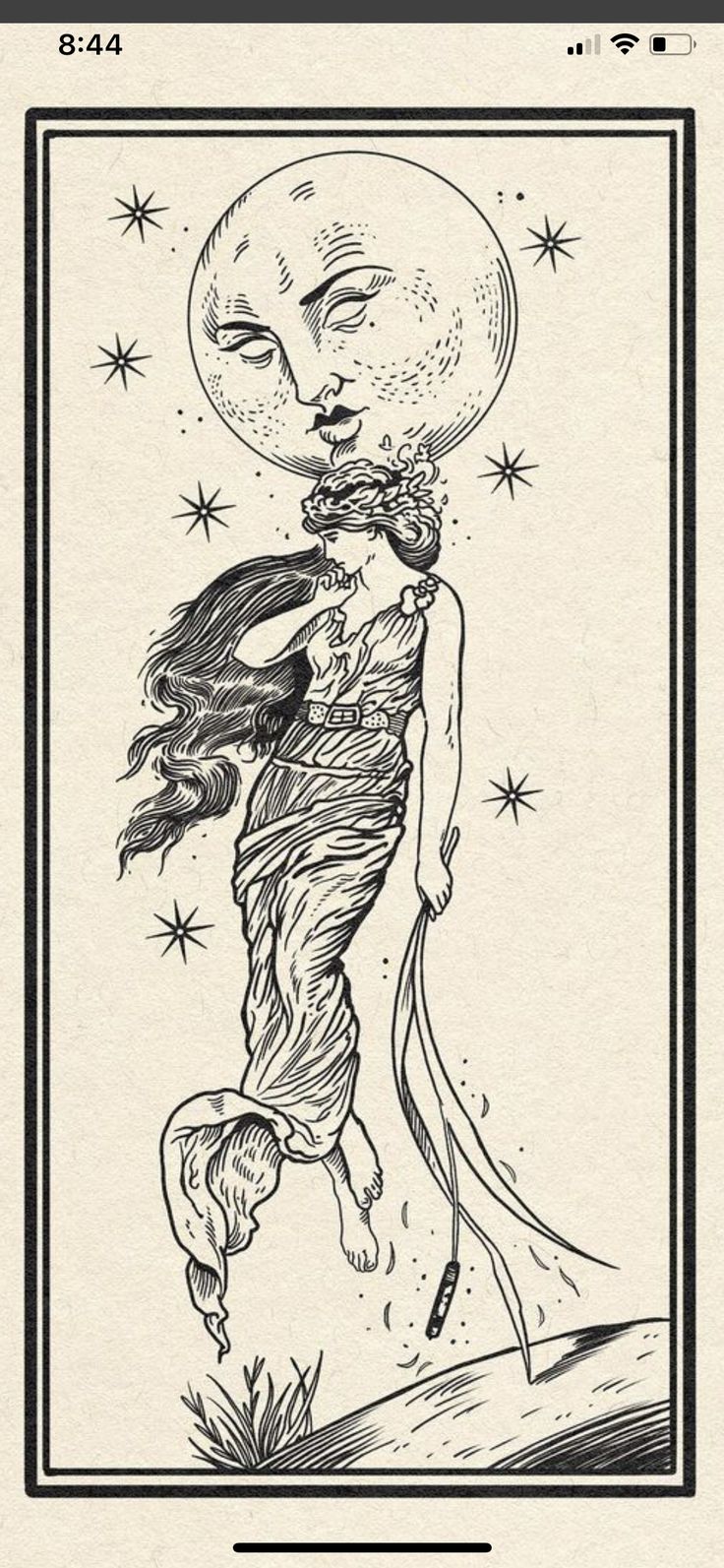 a drawing of a woman holding the moon above her head, with stars in the background