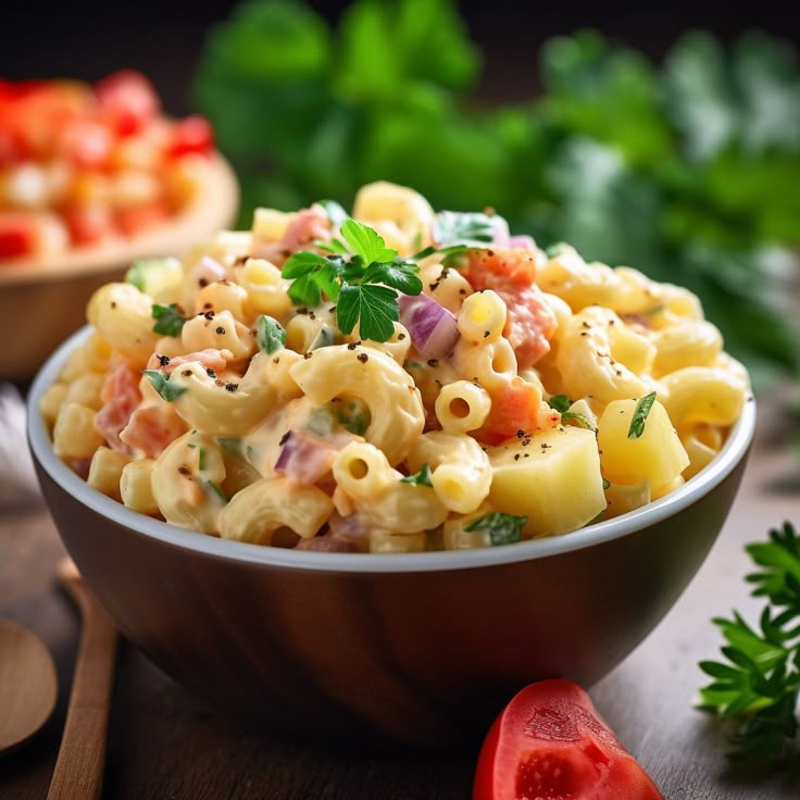 a bowl of macaroni salad with tomatoes and parsley in the back ground