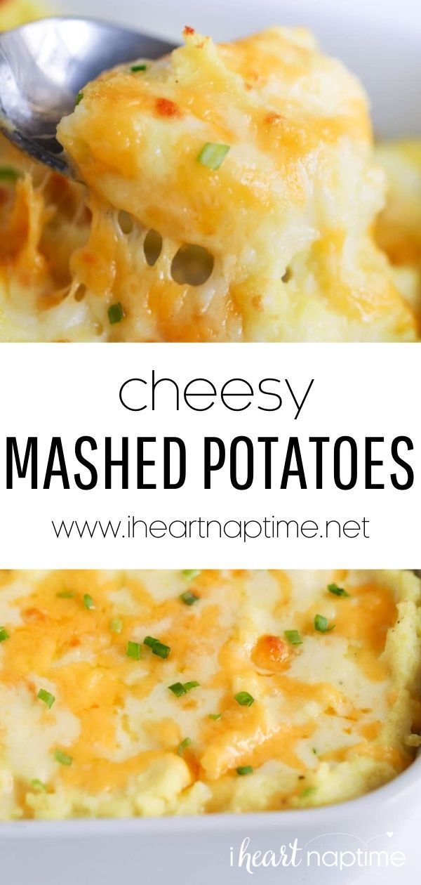 cheesy mashed potatoes in a white bowl with a spoon and text overlay