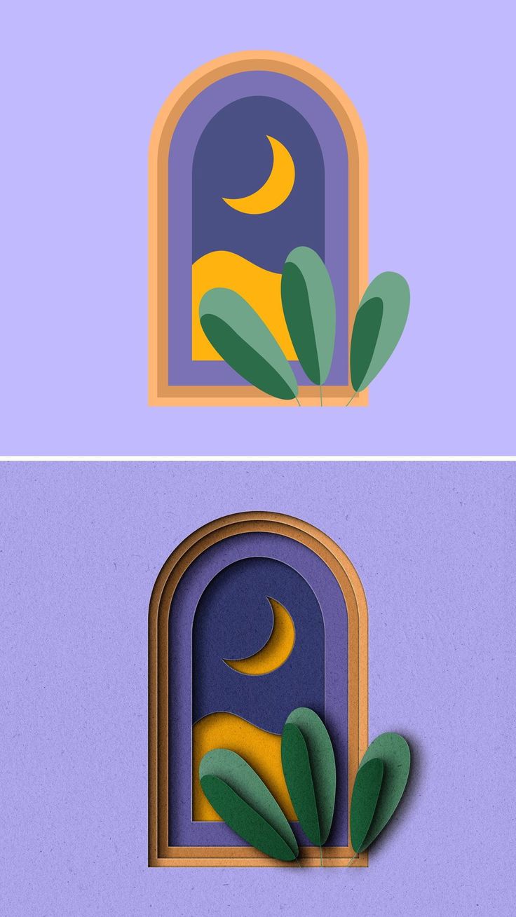 two different colored paper cut outs with plants and moon in the window, one is purple