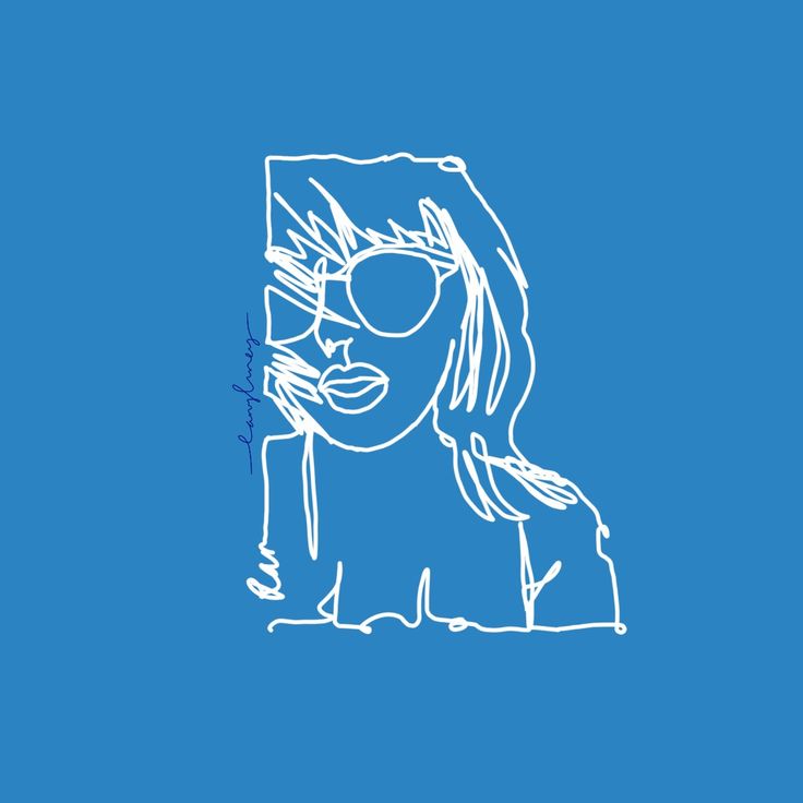 a drawing of a woman's face with sunglasses on her head, in blue background