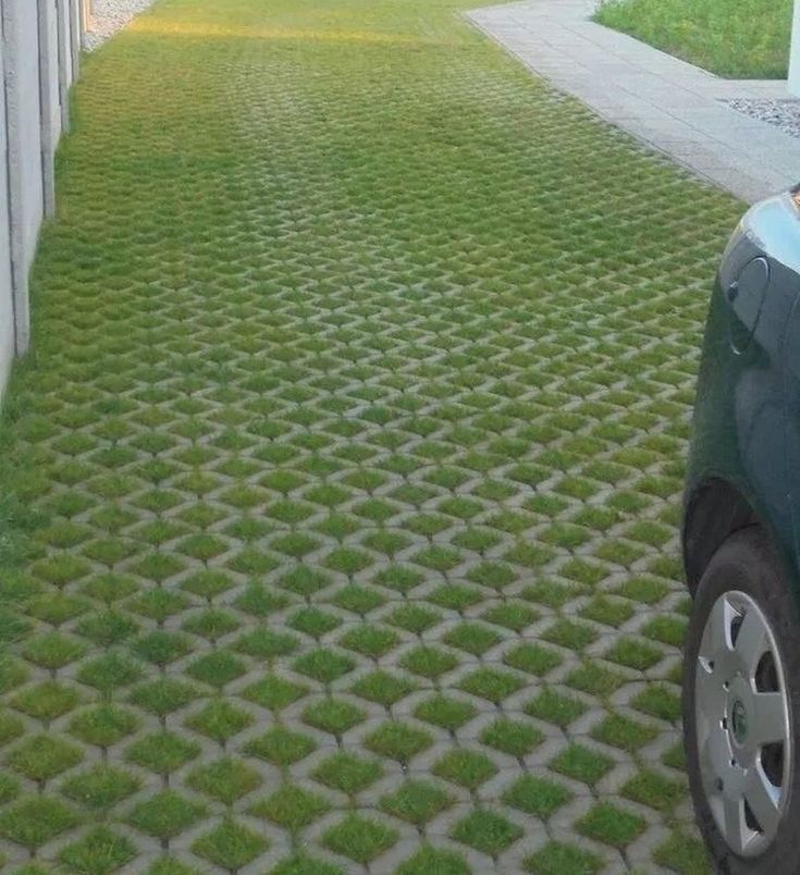 a car parked in front of a house with grass growing on the driveway and sidewalk