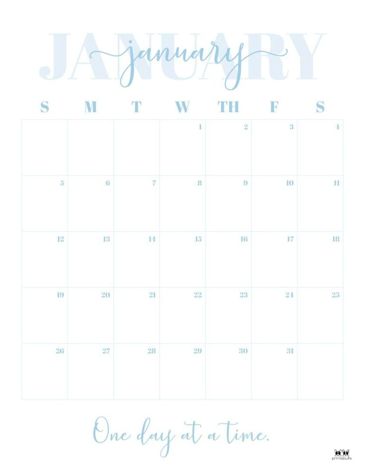 a calendar with the word january on it and an image of a blue font that reads one day at a time