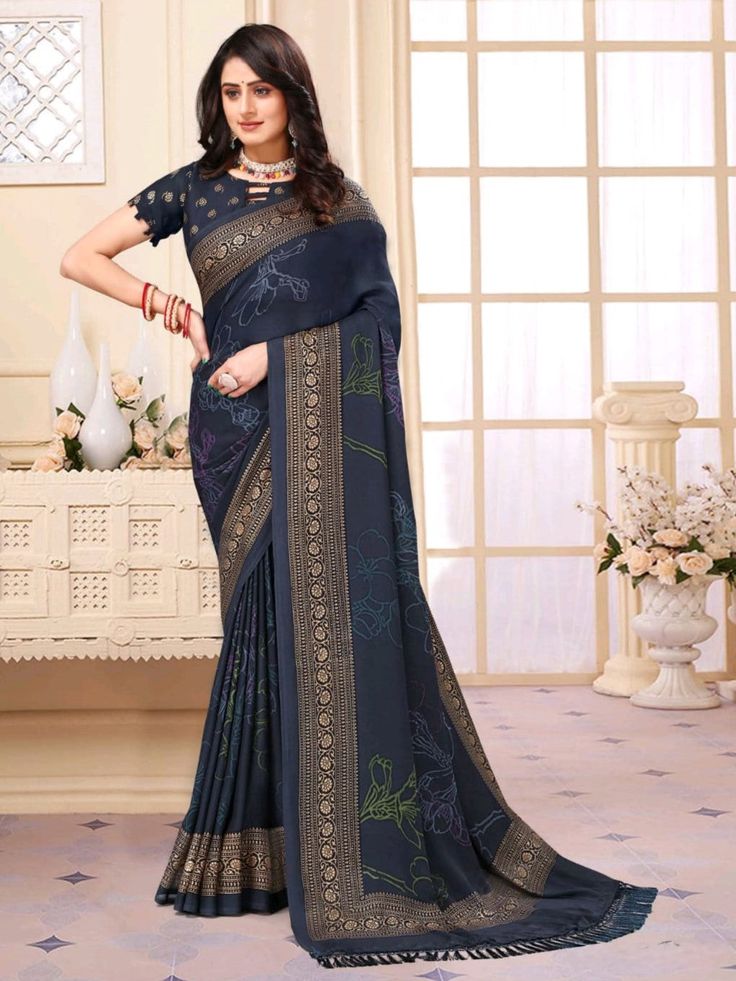 Mihira Georgette Printed Saree Soft easy to wear georgette fabric. Comes with unstitch blouse fabric. The Mihira Saree is a sophisticated piece that combines traditional Indian style with modern design. Made from high quality Georgette fabric, this saree features a stunning print that adds a touch of elegance. Eid Georgette Blouse Piece With Printed Border, Elegant Bandhani Print Georgette Saree, Traditional Unstitched Chiffon Blouse, Blue Bandhani Print Georgette Saree, Blue Georgette Saree With Bandhani Print, Unstitched Georgette Blouse With Bandhani Print, Blue Bandhani Print Traditional Wear In Georgette, Blue Georgette Traditional Wear With Bandhani Print, Elegant Georgette Saree With Printed Border